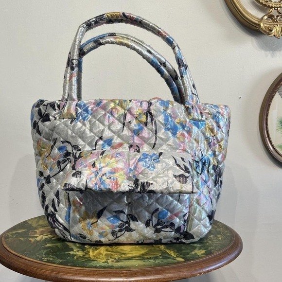 The Unbranded Brand Handbags - Metallic Floral Quilted Puffer Tote Bag Shouleder Straps With Pockets One Size